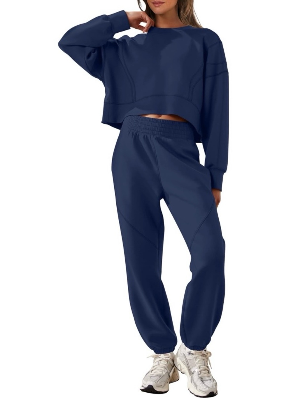 🎉 ANRABESS lounge set: cropped navy top, joggers, relaxed fit.